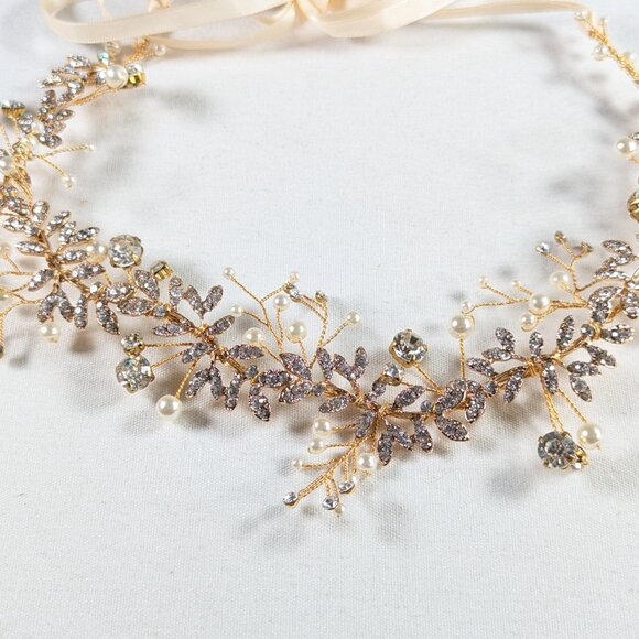 Summer Goddess bridal headband, wedding accessory hairstyle gold pearl crystals - Picture 2 of 11